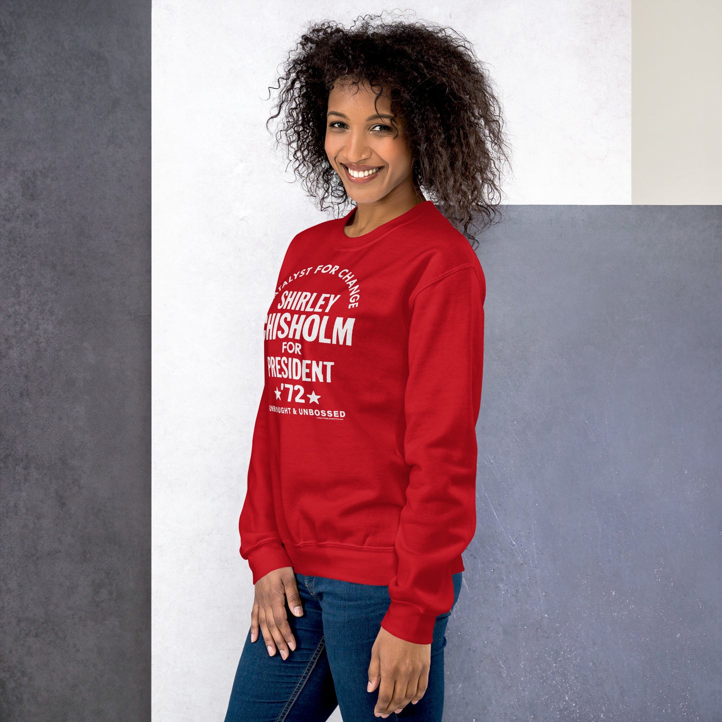 Side view of Legacy Red Shirley Chisholm For President 72 Sweatshirt on model