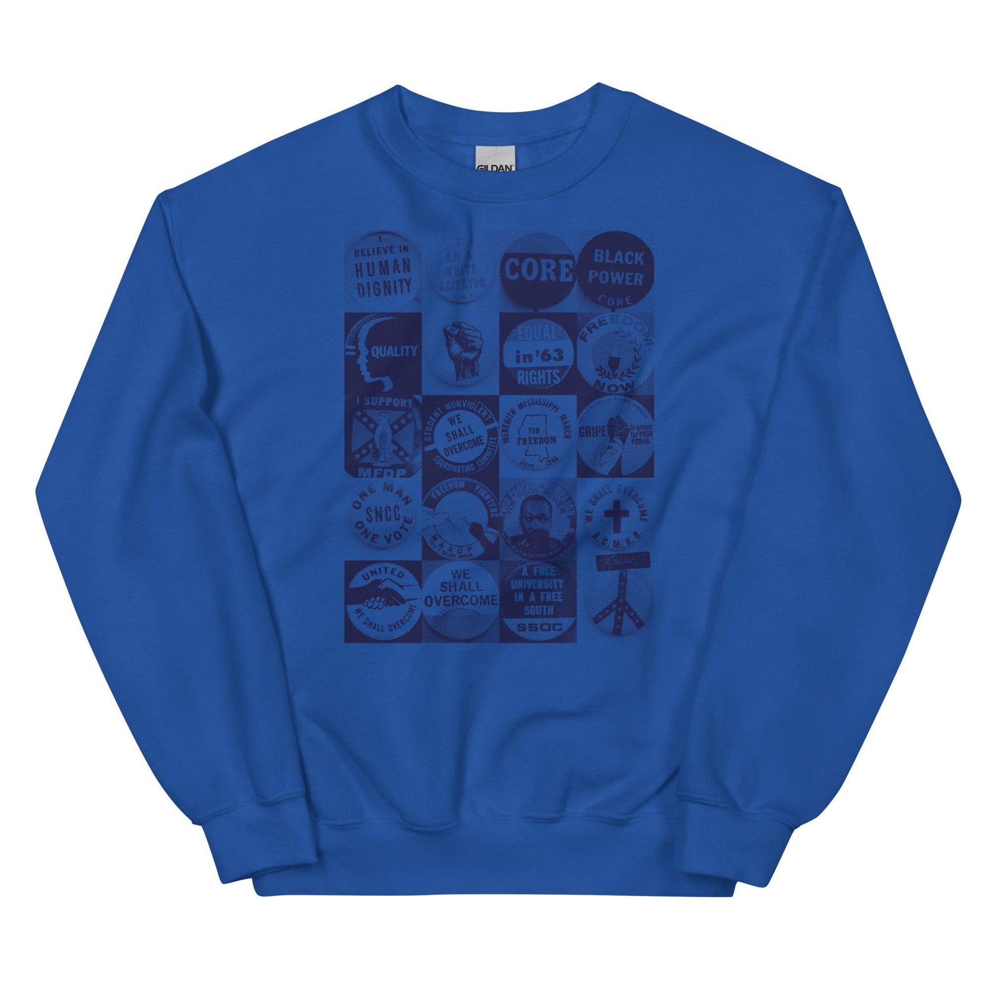 a blue sweatshirt with civil rights buttons graphics on it