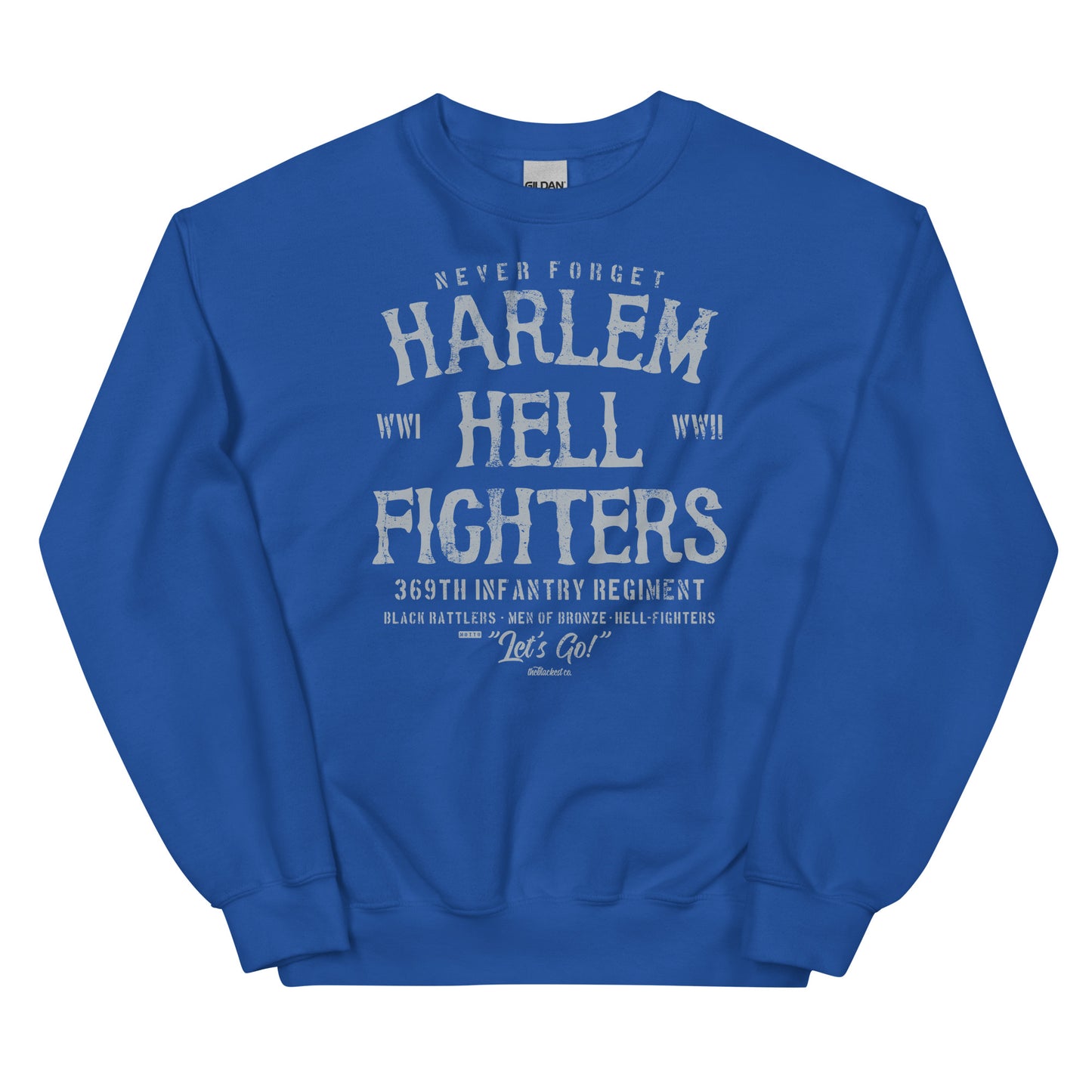 royal blue sweatshirt with white text reading harlem hellfighters