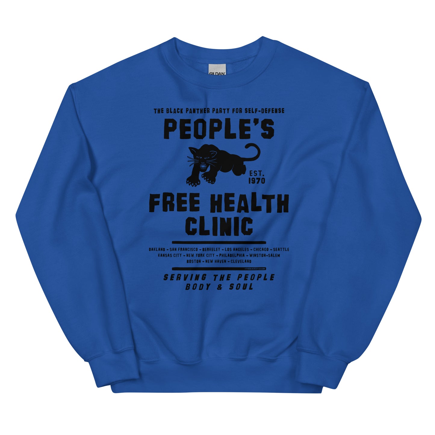 Blue unisex sweatshirt with People's Free Health Clinic design