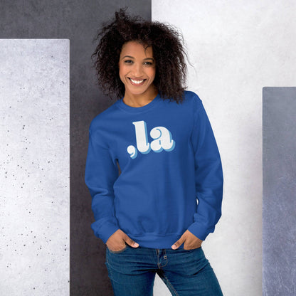 Woman wearing blue Comma-La Kamala Harris sweatshirt