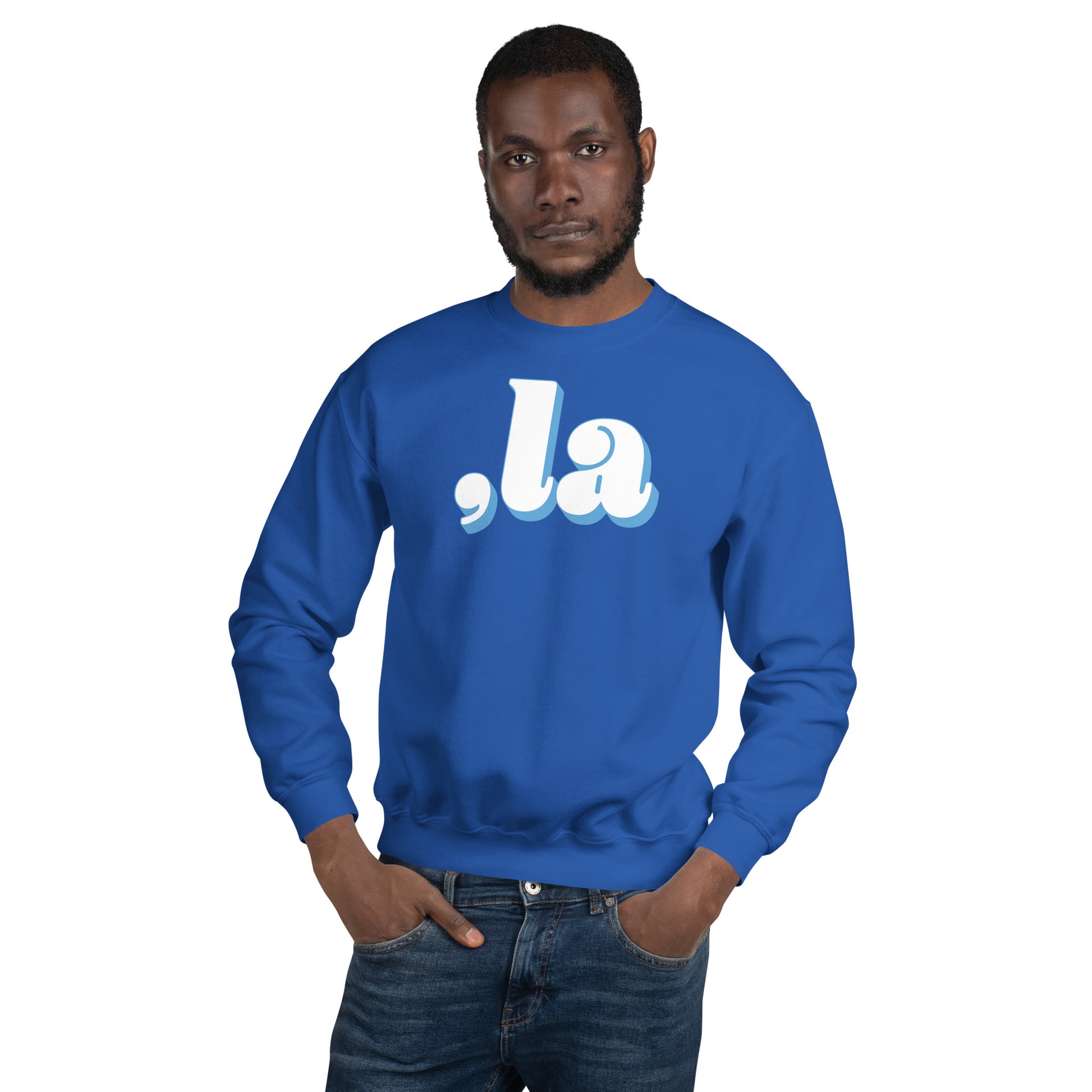 Man in blue Comma-La Kamala Harris sweatshirt