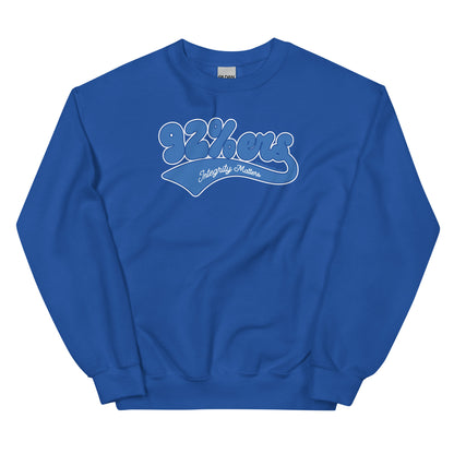 Royal blue 92%ers Integrity Matters Sweatshirt by TheBlackest Co., featuring a bold blue text design. Comfortable and stylish for everyday wear.