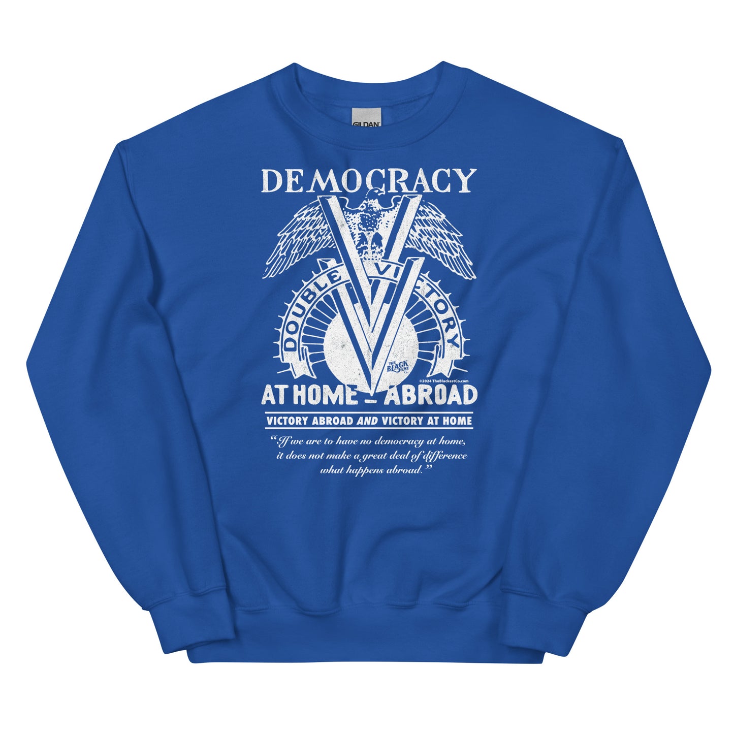 Royal blue Double V Campaign WWII Black Soldiers Sweatshirt with historical graphic print representing Black veterans' WWII contributions.