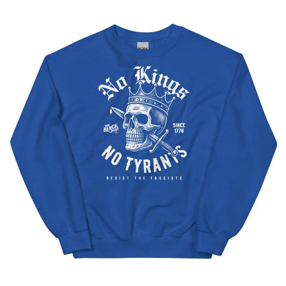 Royal blue No Kings No Tyrants Skull Protest Sweatshirt featuring anti-fascist skull design, unisex pullover by TheBlackest Co.