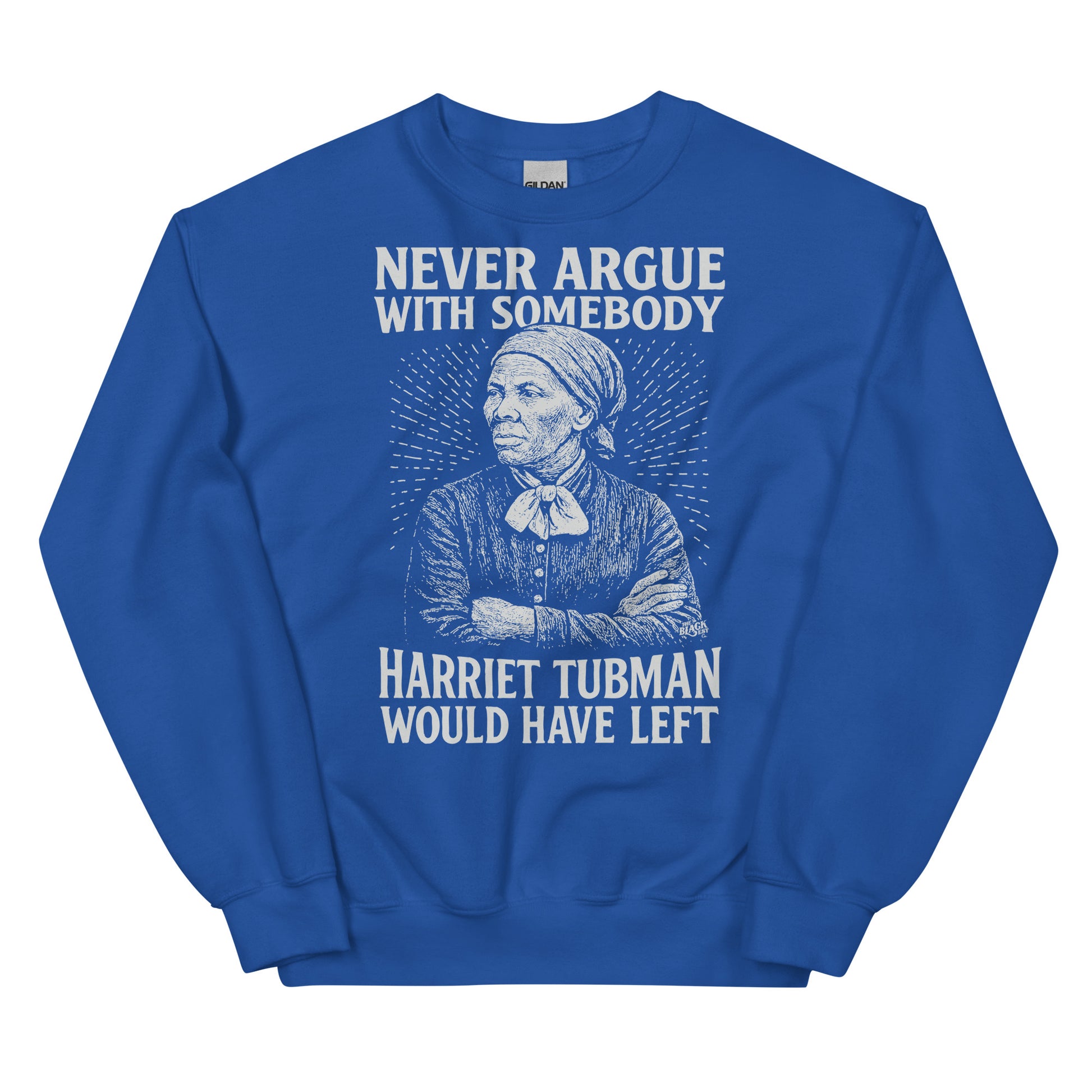 Royal blue unisex sweatshirt with Harriet Tubman illustration and quote, combining comfort with powerful Black history messaging.