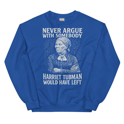 Royal blue unisex sweatshirt with Harriet Tubman illustration and quote, combining comfort with powerful Black history messaging.