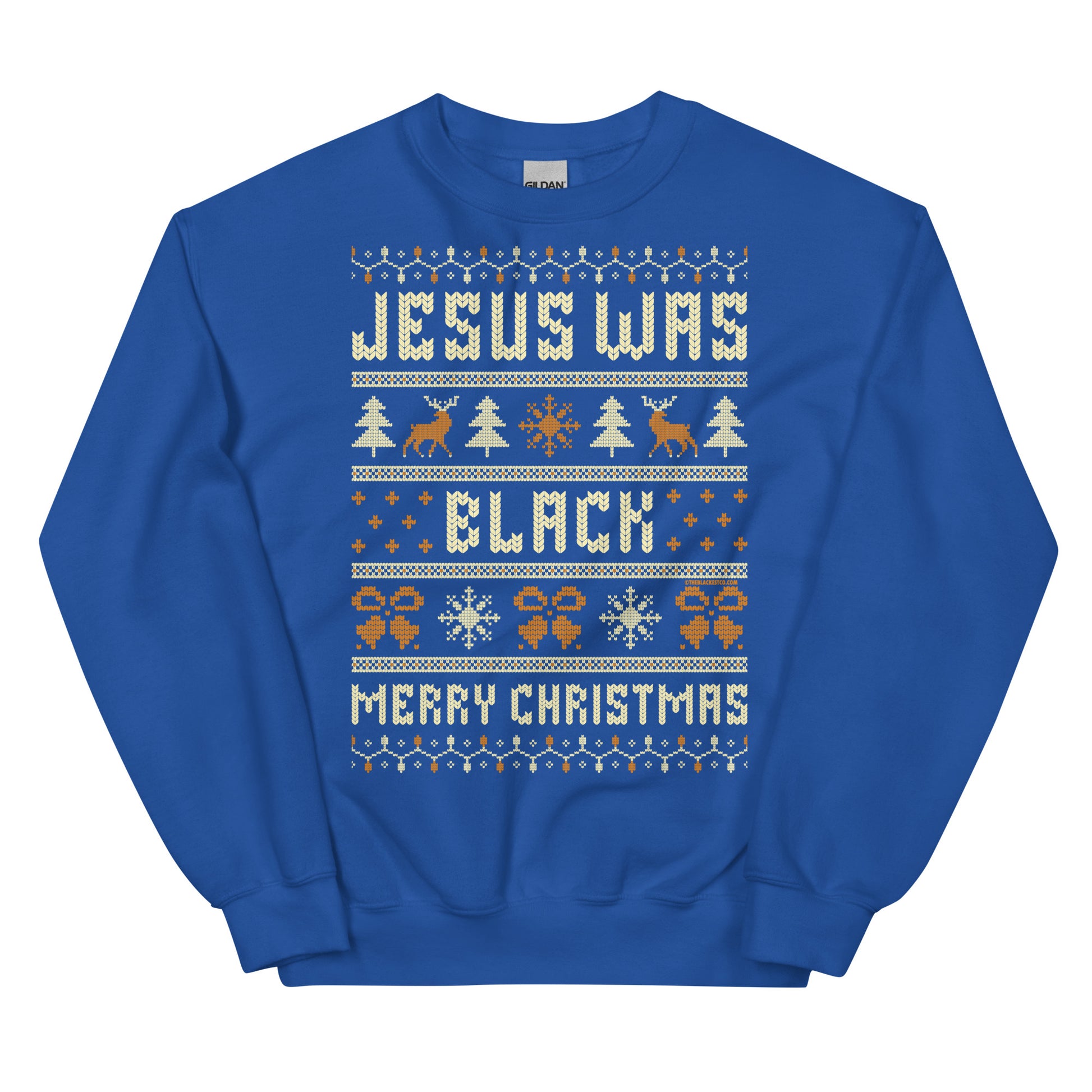 Royal blue Jesus Was Black Merry Christmas Unisex Sweatshirt by TheBlackest Co., eye-catching holiday apparel for cold weather.