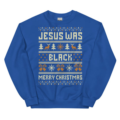 Royal blue Jesus Was Black Merry Christmas Unisex Sweatshirt by TheBlackest Co., eye-catching holiday apparel for cold weather.