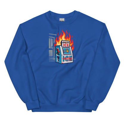 Royal blue Abolish Ice Protest Crewneck Sweatshirt with graphic ICE machine in flames. Unisex winter pullover from No Kings Collection.