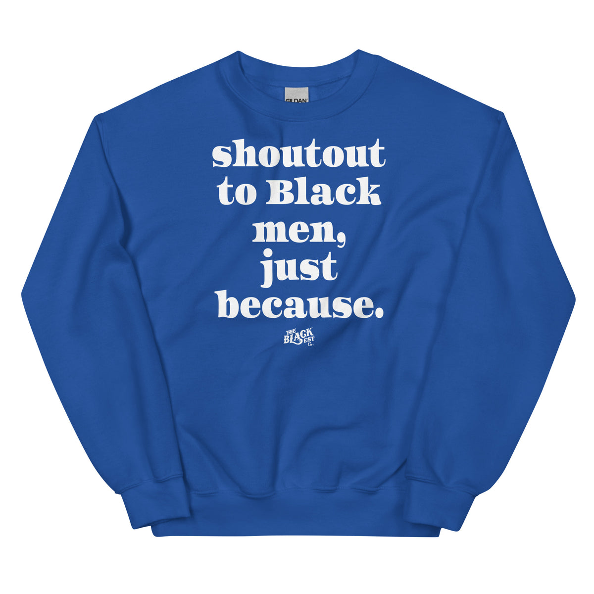Royal Blue unisex sweatshirt with bold white text reading 'shoutout to Black men' in large font, casual style, crew neck, made of soft cotton, 