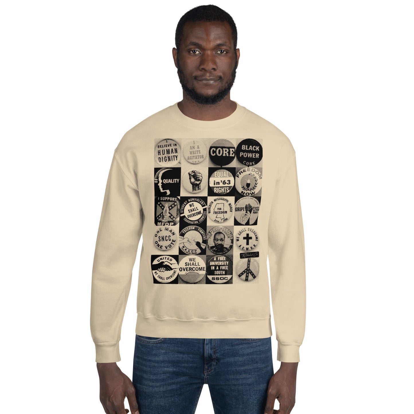 Unisex Civil Rights Button Sweatshirt in beige featuring vintage civil rights pins. Warm, soft, and classic fit for cold weather support wear.