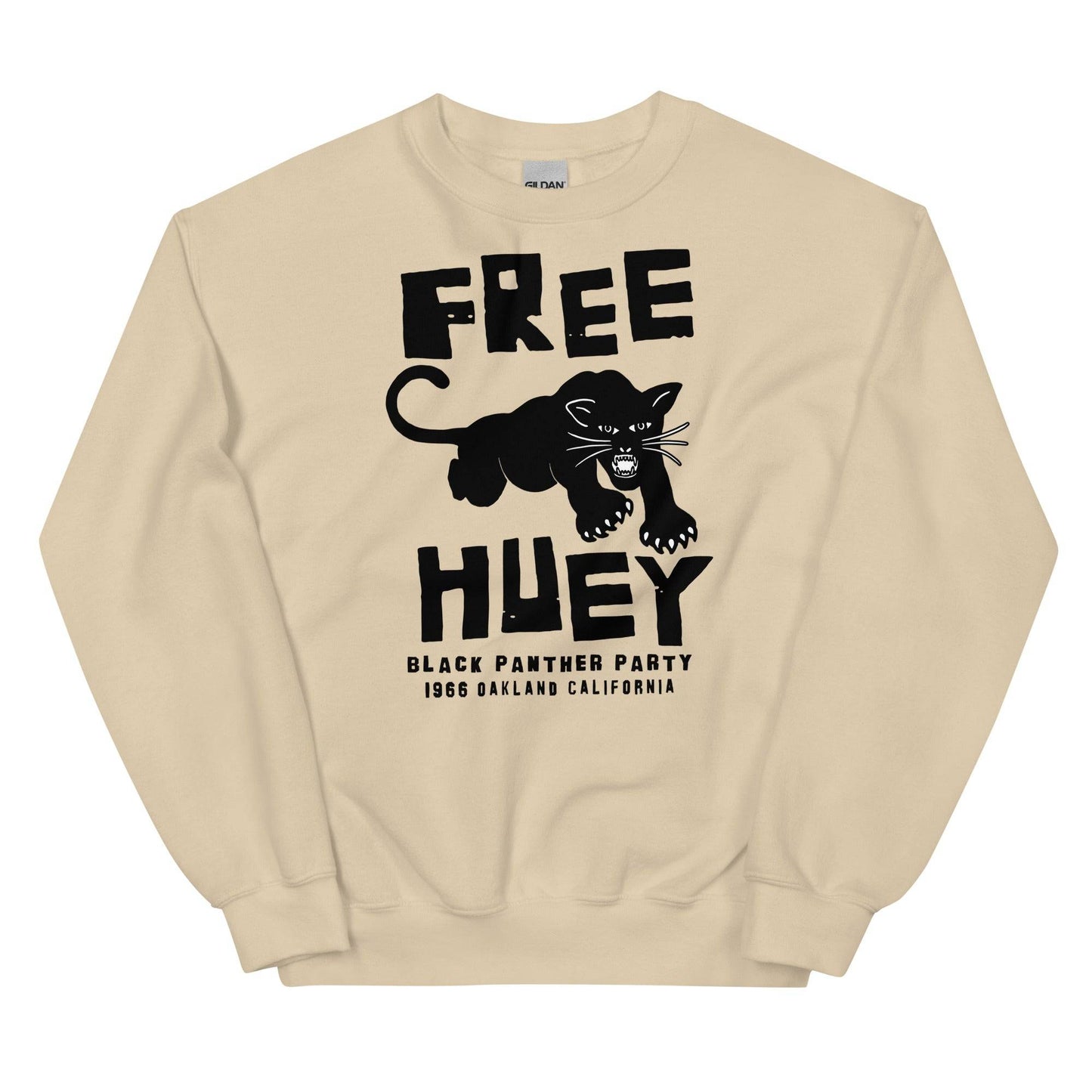 a tan sweatshirt with a black panther on it and says free huey