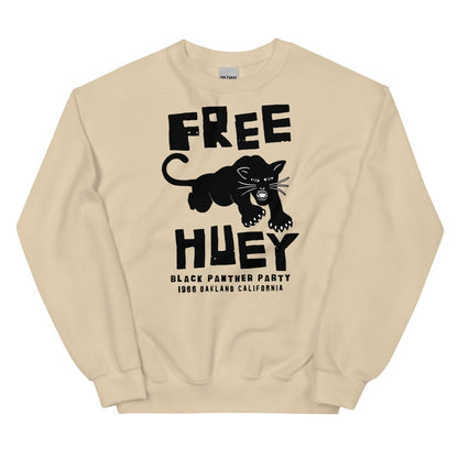 a tan sweatshirt with a black panther on it and says free huey