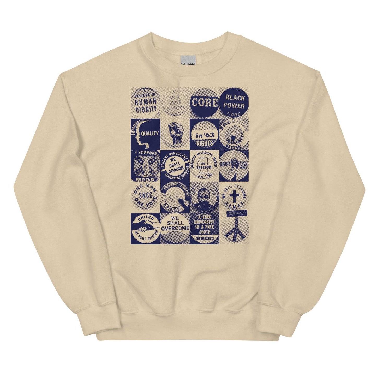 a white sweatshirt with a bunch of civil rights buttons graphics on it