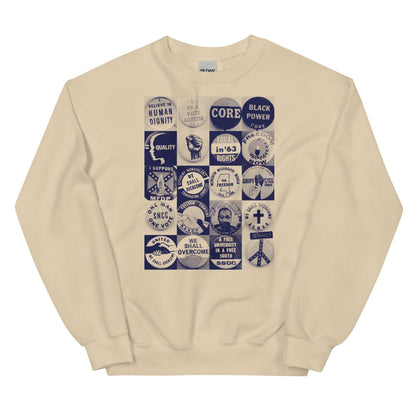 a white sweatshirt with a bunch of civil rights buttons graphics on it