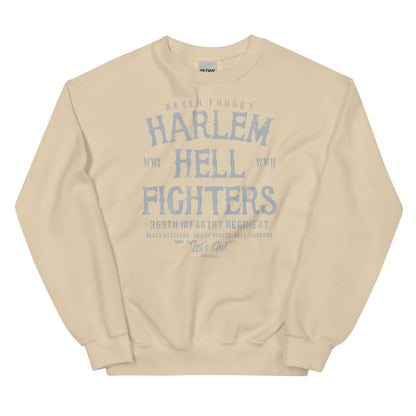 light tan sweatshirt with white text reading harlem hellfighters