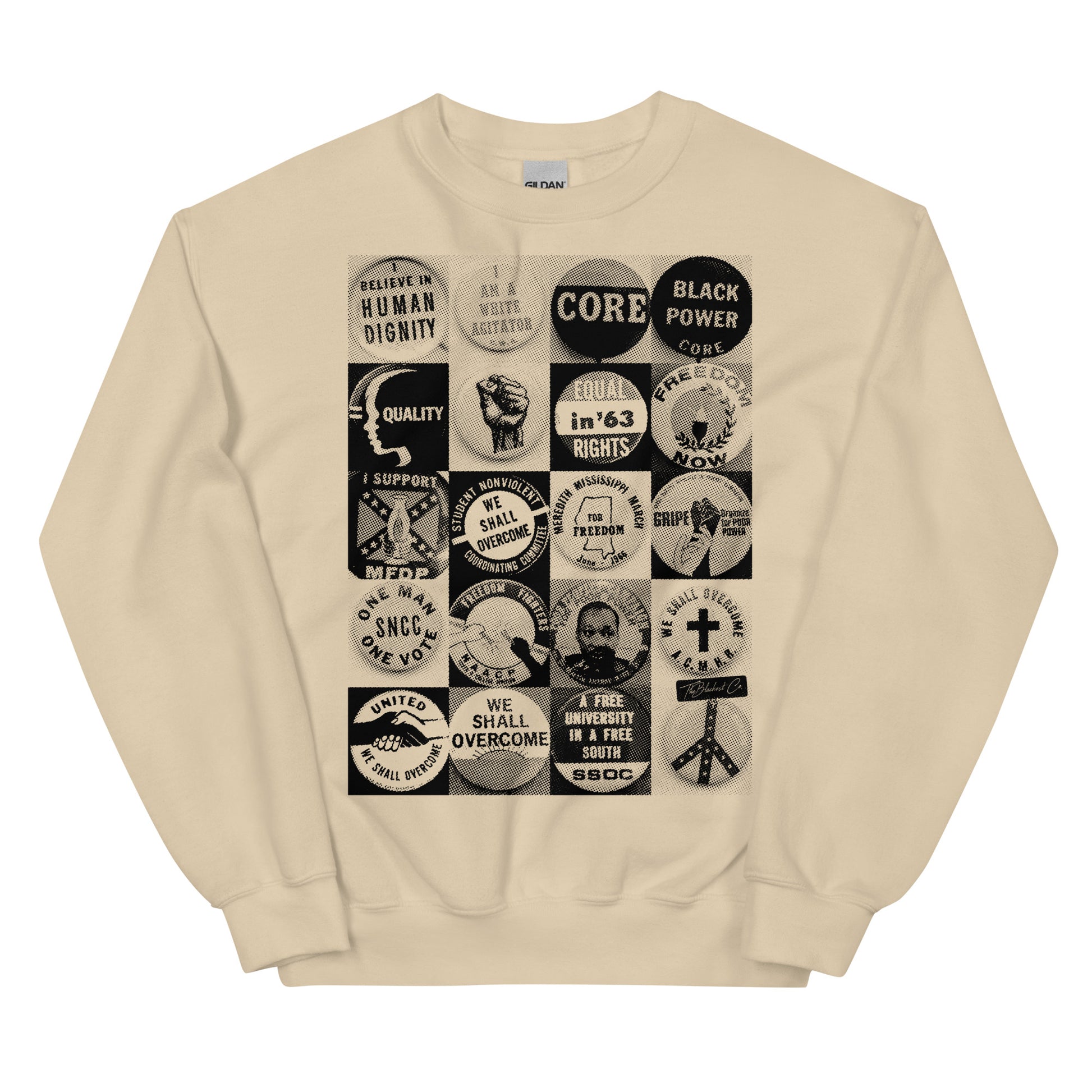 Beige Civil Rights Button Sweatshirt with bold vintage protest button graphics. Classic fit unisex pullover celebrating Black history and activism.