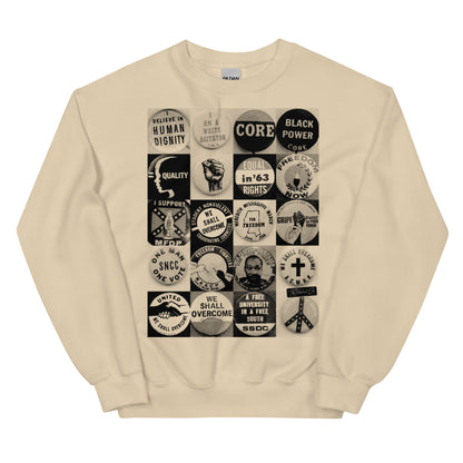 Beige Civil Rights Button Sweatshirt with bold vintage protest button graphics. Classic fit unisex pullover celebrating Black history and activism.