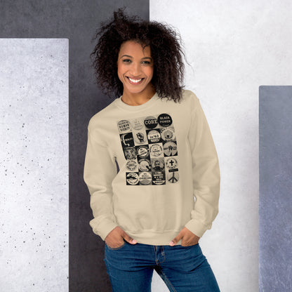 Woman wearing Civil Rights Button Sweatshirt in beige. Cozy unisex pullover with historic Black empowerment graphics for everyday statement style.