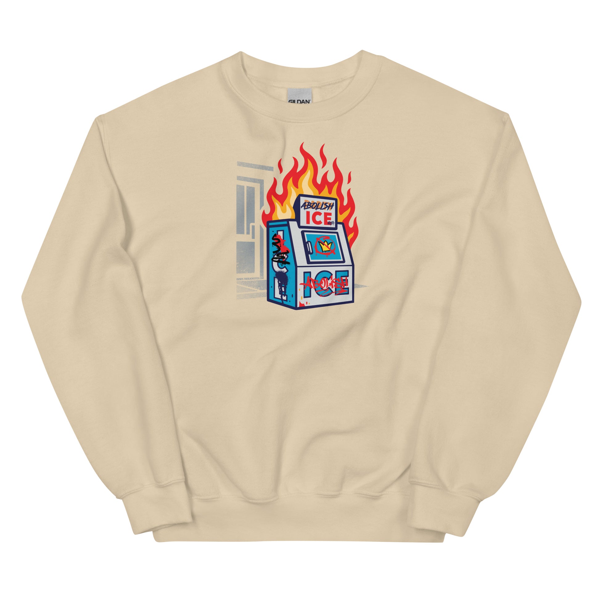 Cream Abolish Ice Protest Crewneck Sweatshirt with bold anti-ICE design. Unisex pullover for winter, part of No Kings protest collection.