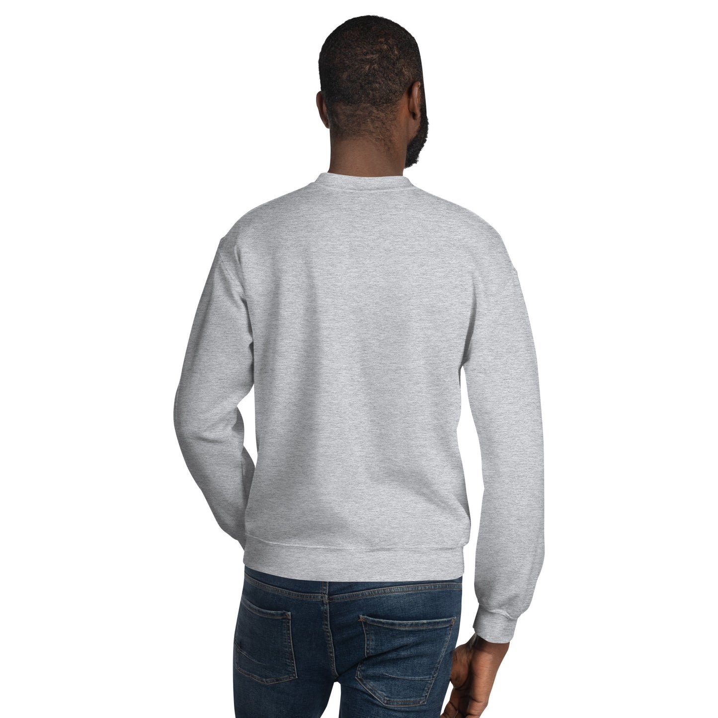 Back view of man wearing gray sweatshirt