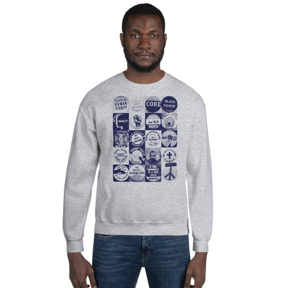 a man wearing a grey sweatshirt with blue civil rights buttons graphics images on it