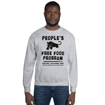 a man wearing a sweatshirt that says people's free food program