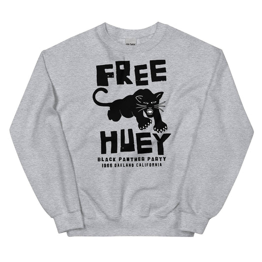 a grey sweatshirt with a black panther on it and says free huey