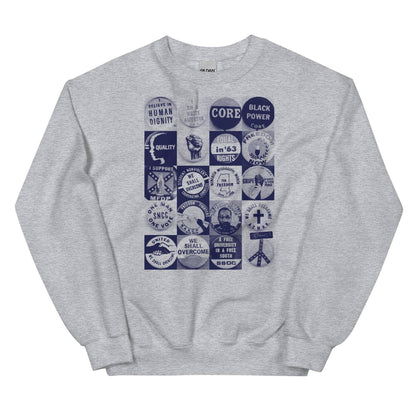 a grey sweatshirt with various civil rights buttons graphics on it