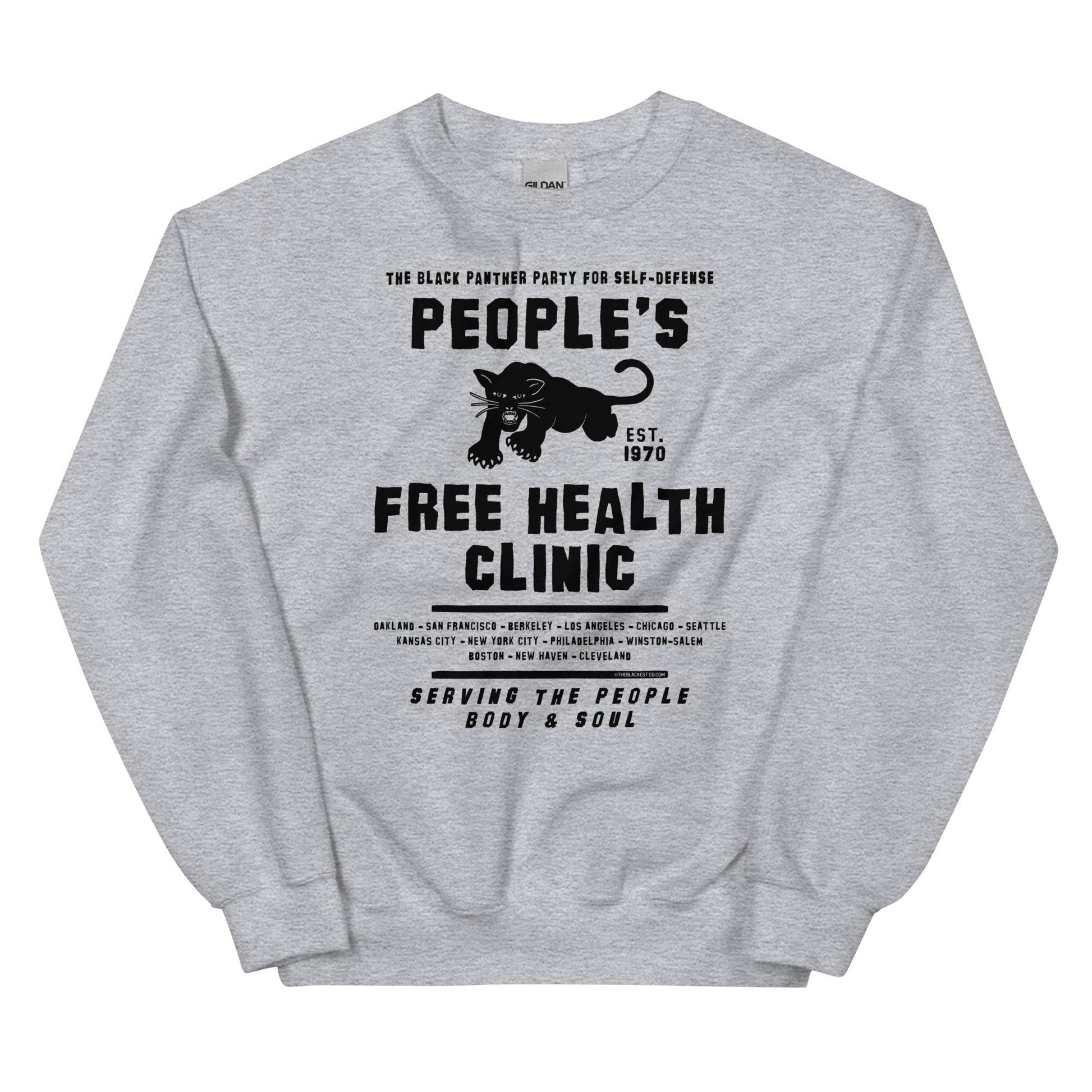 Gray unisex sweatshirt with People's Free Health Clinic design