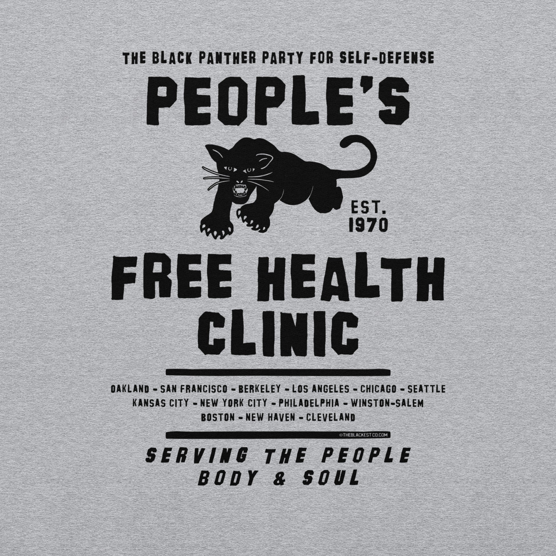 Close-up of People's Free Health Clinic design on gray sweatshirt