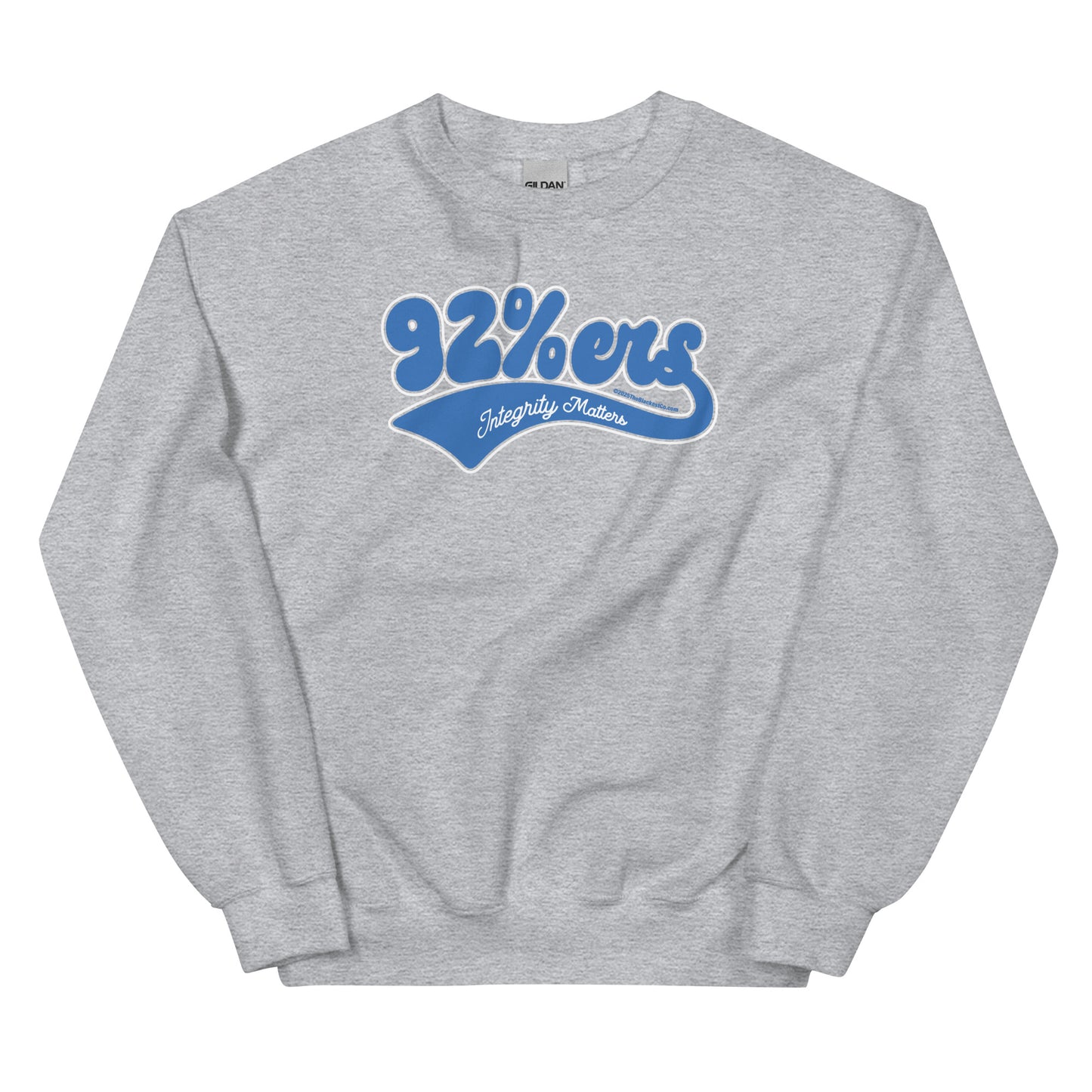 Heather gray 92%ers Integrity Matters Sweatshirt by TheBlackest Co., showcasing a bold blue text design. Durable and cozy for cold weather.