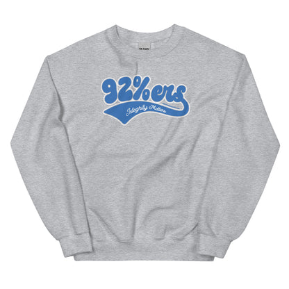 Heather gray 92%ers Integrity Matters Sweatshirt by TheBlackest Co., showcasing a bold blue text design. Durable and cozy for cold weather.