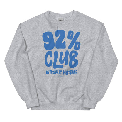 Heather gray 92% Club Integrity Matters Sweatshirt by TheBlackest Co. with bold blue text, blending comfort and casual style.