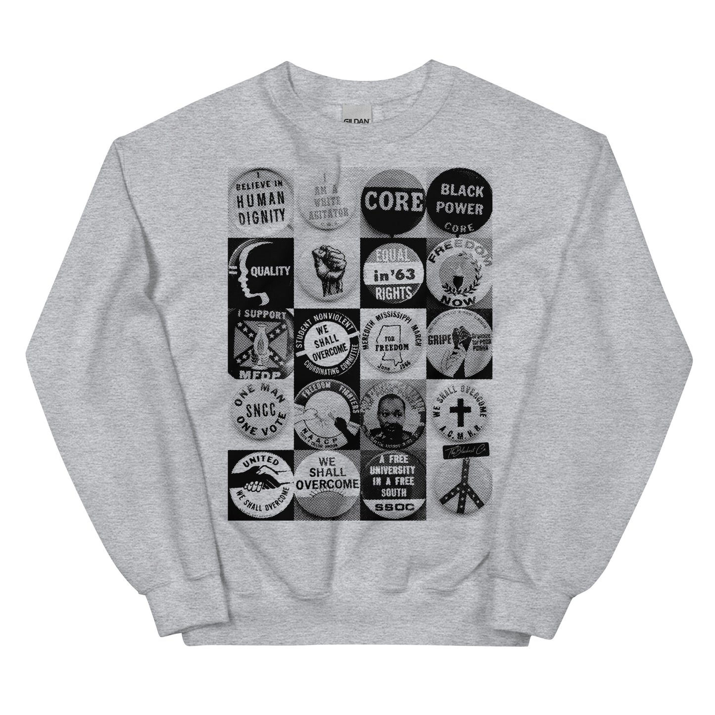 Heather gray Civil Rights Button Sweatshirt with vintage protest button graphics. Unisex crewneck ideal for cozy, meaningful everyday wear.
