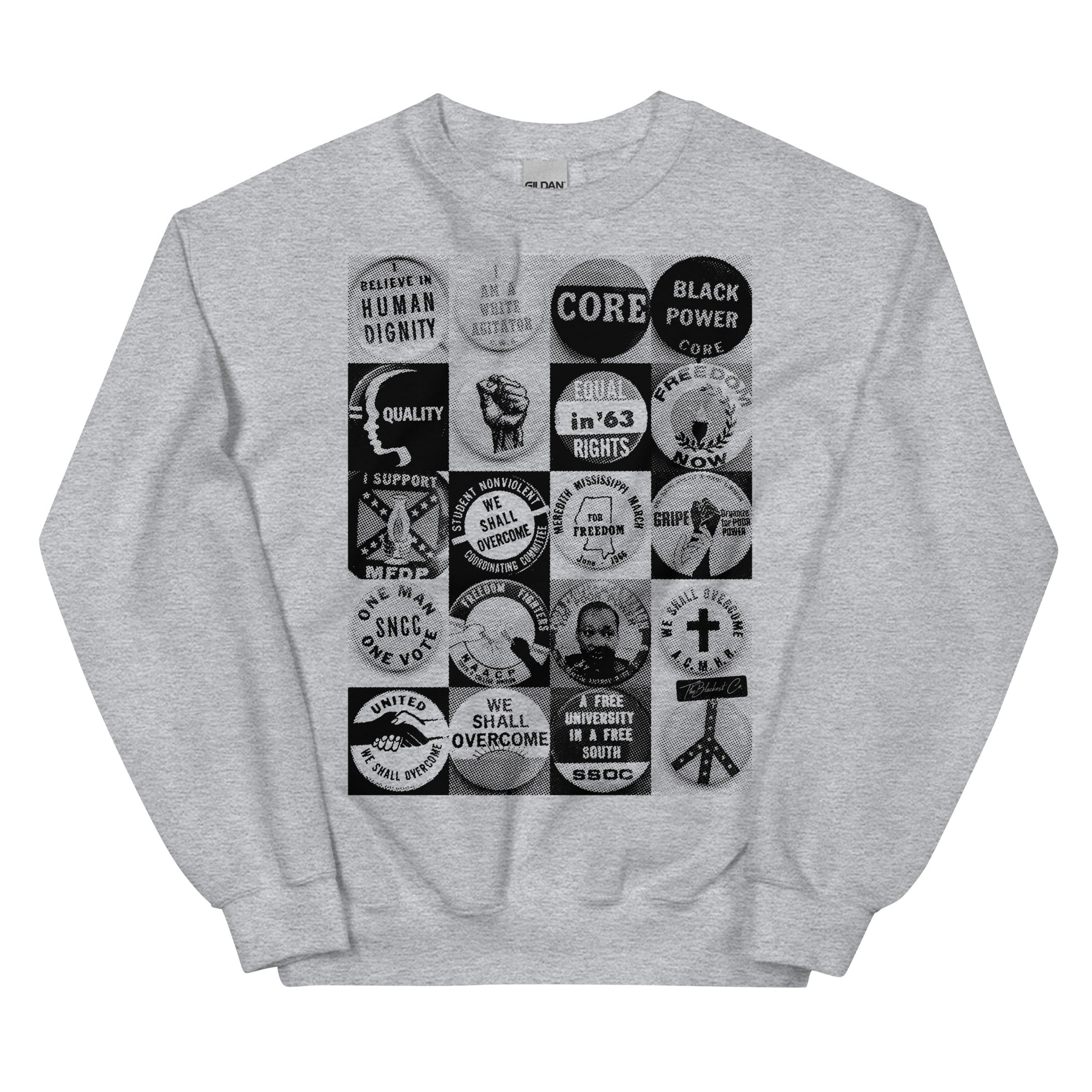 Heather gray Civil Rights Button Sweatshirt with vintage protest button graphics. Unisex crewneck ideal for cozy, meaningful everyday wear.