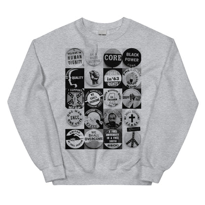 Heather gray Civil Rights Button Sweatshirt with vintage protest button graphics. Unisex crewneck ideal for cozy, meaningful everyday wear.