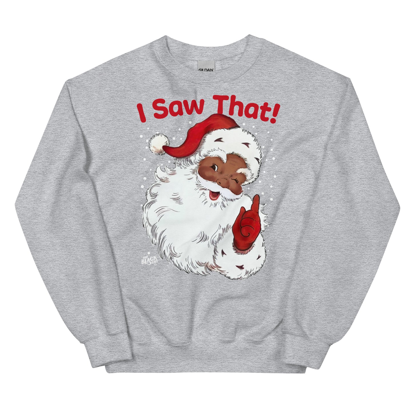 Heather gray Black Santa I Saw That Unisex Sweatshirt by TheBlackest Co., combining cozy comfort with festive cultural flair.