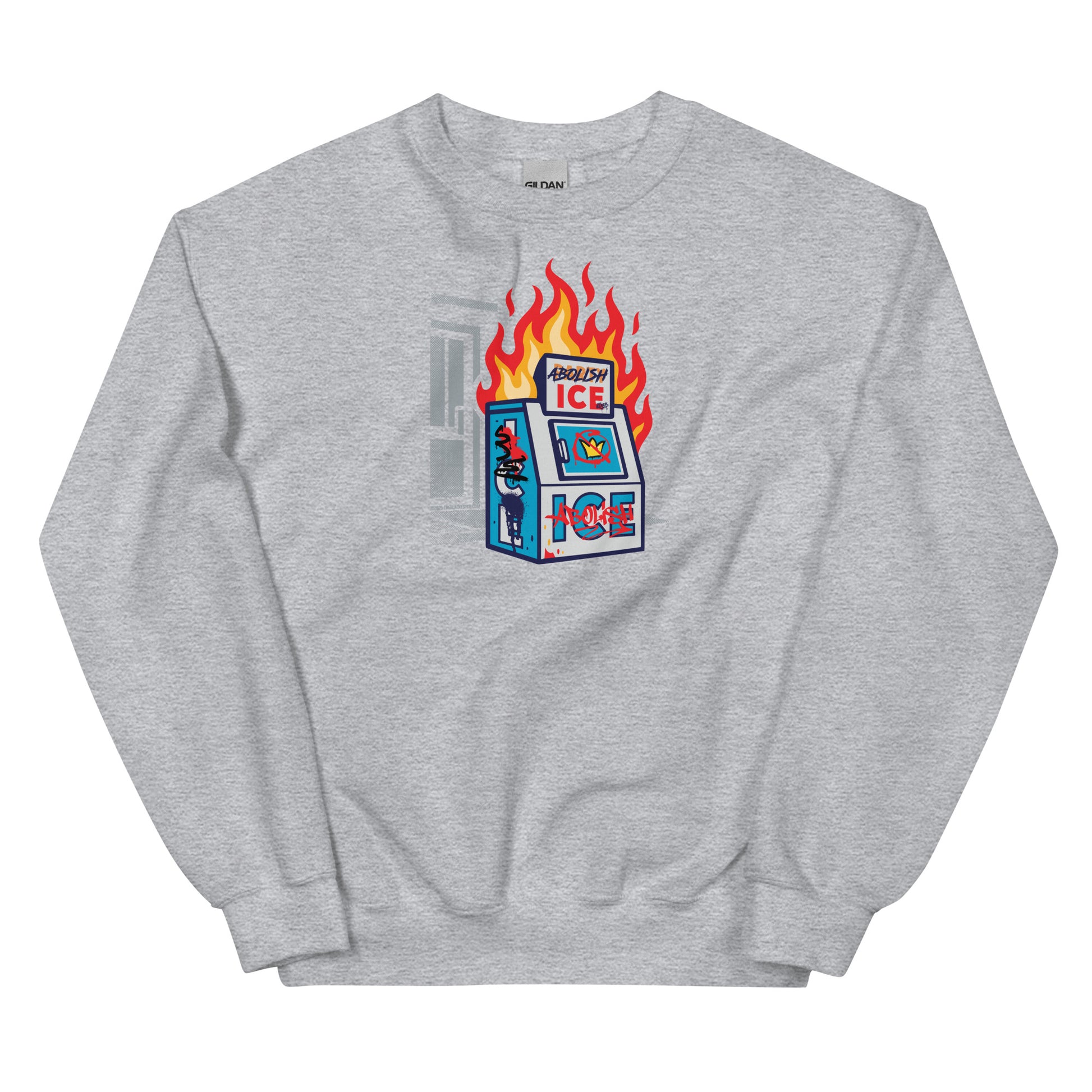 Heather gray Abolish Ice Protest Crewneck Sweatshirt with fiery ICE machine artwork. Unisex staple for protest fashion and cold weather.