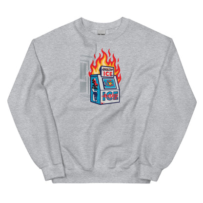 Heather gray Abolish Ice Protest Crewneck Sweatshirt with fiery ICE machine artwork. Unisex staple for protest fashion and cold weather.