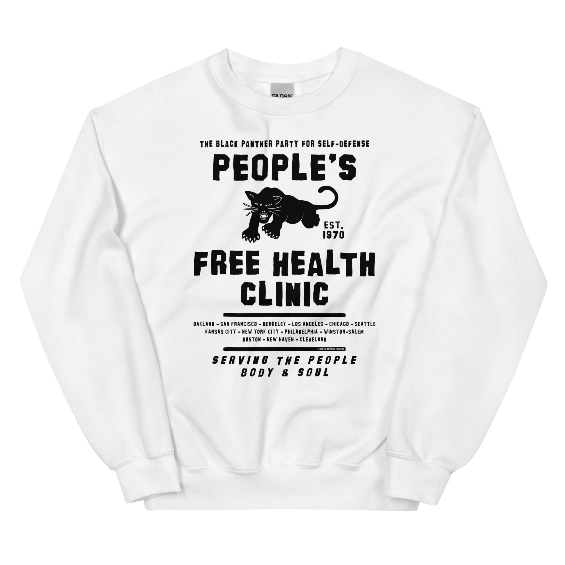 White unisex sweatshirt with People's Free Health Clinic design