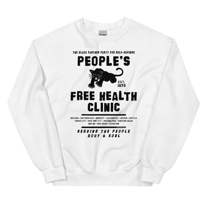 White unisex sweatshirt with People's Free Health Clinic design