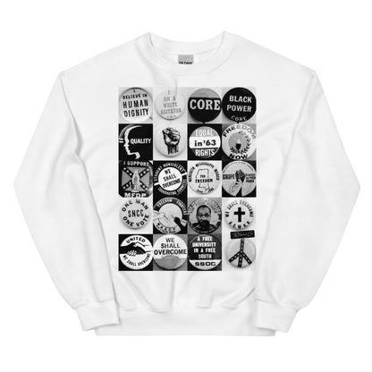 White Civil Rights Button Sweatshirt featuring iconic civil rights button graphics. Celebrate Black history with this soft, unisex cold weather staple.