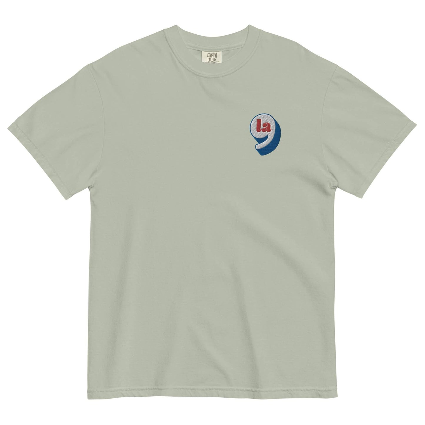 Mint green heavyweight t-shirt with red white blue embroidery