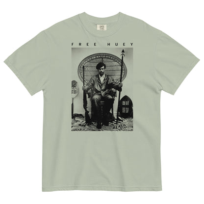 a sage t shirt with a picture of huey p newton sitting on a wicker chair