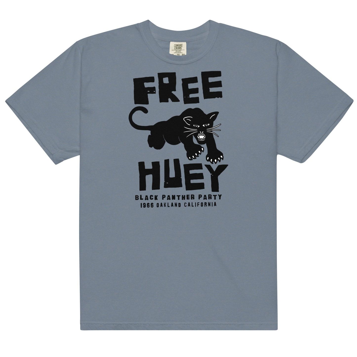 a blue t - shirt with a black panther on it and says free huey