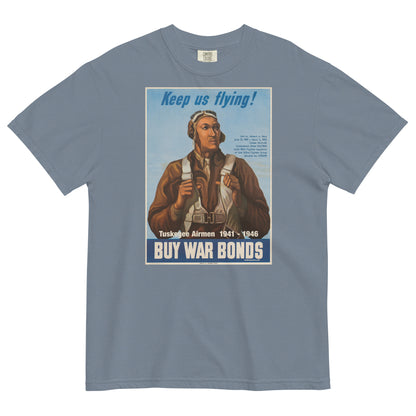 blue jean color t shirt with the image of an african american wwii pilot and tuskegee airmen written on it