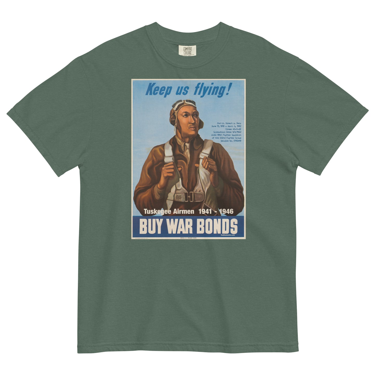 spruce green t shirt with the image of an african american wwii pilot and tuskegee airmen written on it