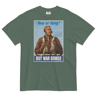 spruce green t shirt with the image of an african american wwii pilot and tuskegee airmen written on it